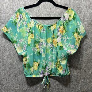 Womens Sheer Blouse Large Green Floral Off Shoulders Short Sleeve‎